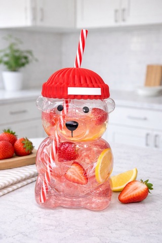 Bearista Ayıcık Pipetli Borosilikat Bardak 580 Ml Kırmızı Buzlu Kahve Uyumlu Kırmızı