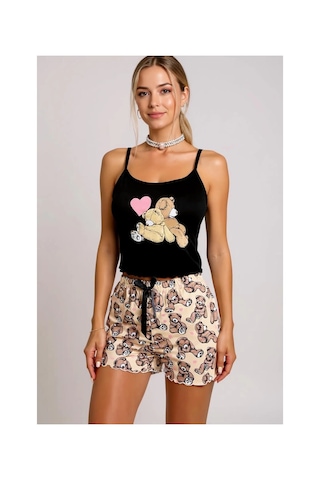 Moda Dua Renkli Ayıcık Desenli Askılı Şortlu Kadın Pijama Takımı