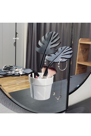 Mirror Monstera Aynaya Yapışan Makyaj Ve Takı Düzenleyici Monstera Yapraklı Modern Organizer 3d Baskı Dekoratif Ayna Aksesuarı Siyah - Beyaz