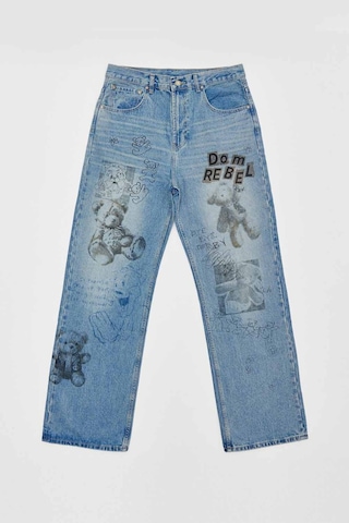 Domrebel Relaxed Fit Bootcut Jean: Orijinal Sanat Detaylarıyla Rahat Denim Pantolon Mavi