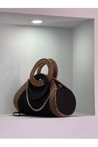 Oval Model Hasır Kordon Çanta Siyah  -  Kahverengi