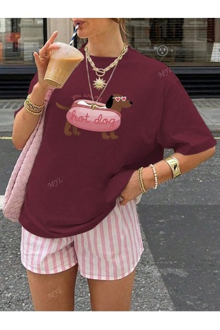 Flood Of Style Kadın Bordo Hot Dog Baskılı Oversize