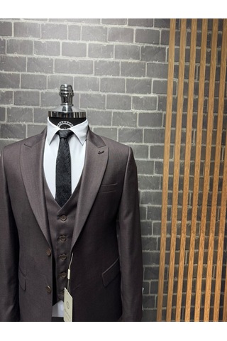 Dupont Classics Erkek Slim Fit 6 Drop Sivri Yaka Yelekli Filafil Çift Yırtmaç Takım Elbise Koyu Kahverengi