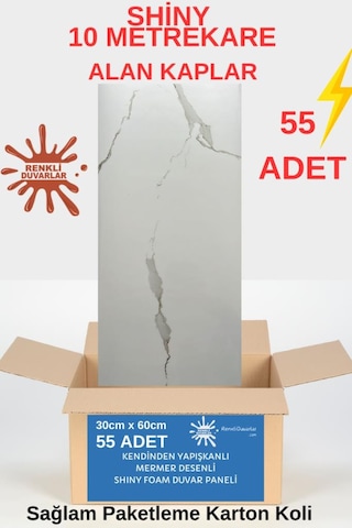 Tx-008 Shiny 10m2 55 Adet 30x60cm Yapışkanlı Mermer Desenli Karavan Banyo Wc Duvar Kaplama Paneli Beyaz