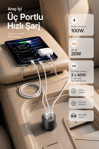 100w Araç Hızlı Şarj Aleti 2 Usb-c + Qc Usb Girişi Tüm Araçlar Uyumlu Şarj 100w Silver