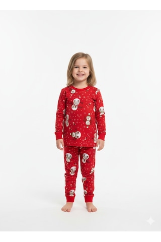 Unisex Kardan Adam Desenli Pijama Takımı Kışlık %100 Pamuk Kırmızı