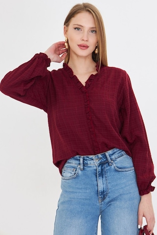 Armonika Kadın Bordo Yakası Ve Önü Fırfır Detaylı Kolları Lastikli Uzun Kollu Bluz Arm-25k001030