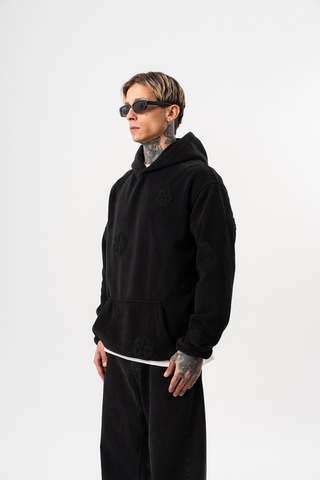 Respire Erkek Süzene Nakış Detaylı Kapüşonlu Oversize Polar Hoodie Siyah