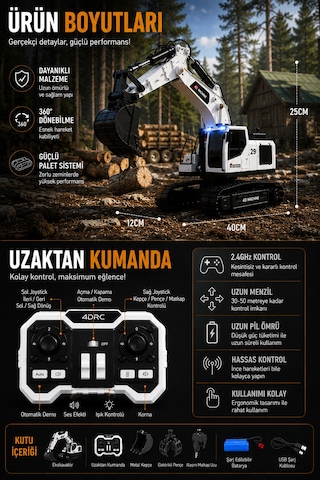 3in1 Excavator Kırıcı Delici Taşıyıcı Rc Uzaktan Kumandalı Işıklı Sesli Metal Alaşım Ekskavatör İş Makinesi Beyaz
