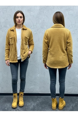 Kadın Slimfit Peluş, Polar, Düğmeli, Teddy Gömlek Yaka, Cepli, Sıcak Tutucu Yumuşak Kışlık Ceket Taba