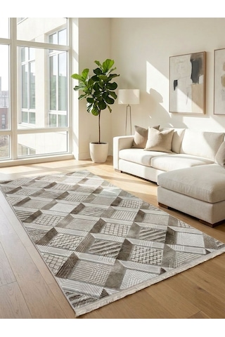 Krem Bej Saçaklı Modern Yıkanabilir Kabartmalı Kaymaz Taban Kesme Halı Yolluk Yeşil