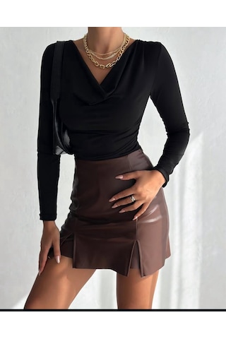 Esa35takı Degaje Yaka Drapeli Uzun Kollu Slim Fit Bluz Siyah