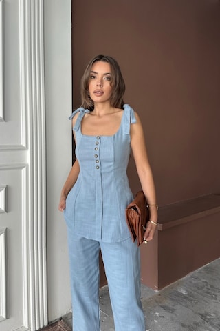 Modasize Şantuk Keten Yelek Görünümlüaskılı Bluz - Pantolon Tk - Mavi Mavi