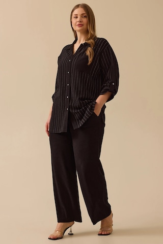 Galaxi Kadın Büyük Beden Çizgili Düğmeli Gömlek 4027 Siyah Siyah