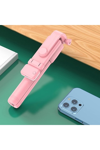 Katlanabilir Uzaktan Kumandalı Selfie Çubuğu Işıklı Masa Üstü Tripod Telefon Tutucu Pembe