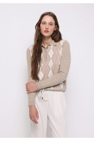 Colins Regular Fit Polo Yaka Baskılı Kadın Bej Kazak Cl1077282 Q1.v1 Beı Bej