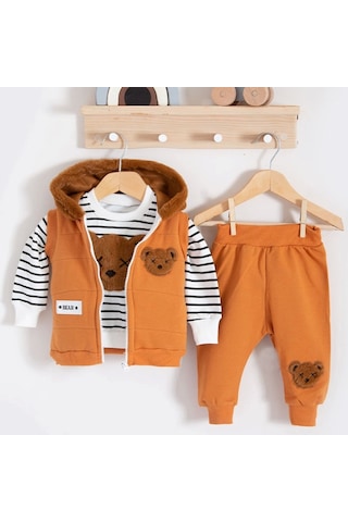 3-18 Ay Erkek Bebek Takımı Peluş Ayıcık Kapişon 3'lü Turuncu