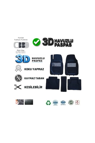Toyota Corolla Sedan 2015 Uyumlu 3 Cm Havuzlu 5 Parça Set 3d Paspas Takımı Siyah - Gri