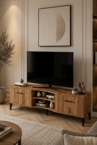 Reyo Falez Vera Tv Sehpası 160x35x50 Cm Çok Amaçlı Televizyon Ünitesi Raflı Dolaplı Salon Oturma Odası 5055 Atlantik Açık Kahverengi
