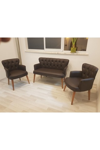 Garden House Kahve Renk Deri Metal Ayak Ofis Koltuk Takımı Kahverengi