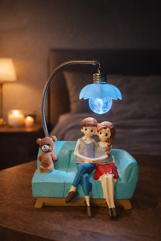 Romantik Çift Figürlü Işıklı Biblo Genç & Yatak Odası Dekoru - Sevgiliye Hediye, 18 Cm Mavi