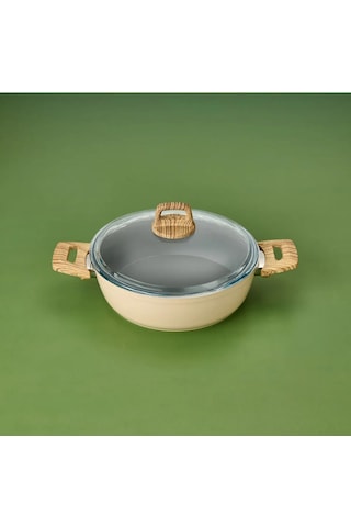 Hisar Seramik Kaplama Basık Tencere - Beyaz / Kahverengi - 26 Cm