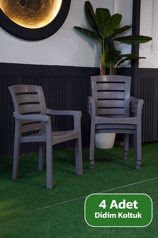 Alezy Didim İstiflenebilir Bahçe Balkon Koltuk Sandalye 4 Adet Gri