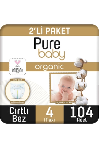 Pure Baby Organik Pamuklu Cırtlı Bez 2'li Paket 4 Numara 104 Adet 2'li