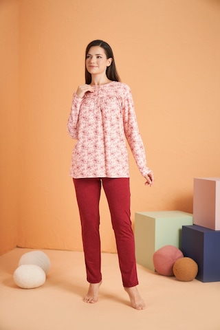 Gd Goldoremi Premium Kadın Rahat Kesim Yuvarlak Yaka Çiçek Desenli Düğmeli Uzun Kollu Pijama Takım PEMBE