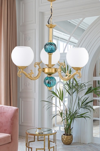 Dede Üç Kollu Zamak Avize Beyaz Camli Yeşil Çinili