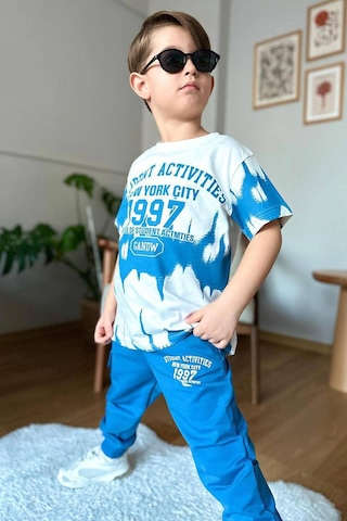Riccotarz Erkek Çocuk New York City Ve Yazı Baskılı T-shirt Mavi Eşofman Takım