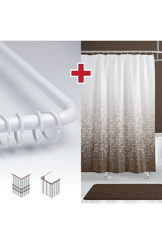 Nokta Desen Banyo Perdesi Askı 180x200cm Tek Kanat Kahverengi Duş Perdesi, L Boru Çok Renkli