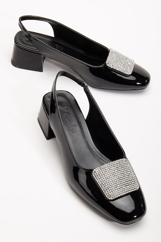 Büyük Numara Kadın Kısa Topuklu Ayakkabı Siyah Kare Taşlı Açık Topuk-3925 Siyah