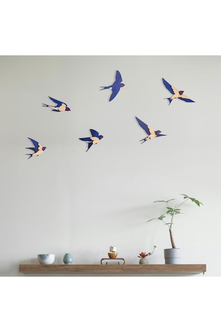 Cajuart Dekoratif 6 Parça Mavi Kırlangıç Ahşap Duvar Tablo Duvar Dekoru