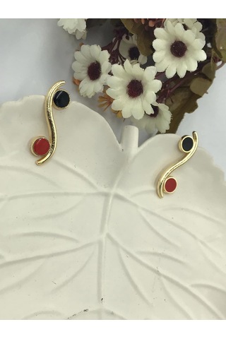Kadın Kırmızı Siyah Daire Detaylı Gold Renk Bijuteri Küpe Siyah - Kırmızı