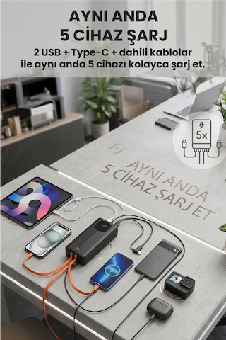 30.000 Mah Hızlı Şarj Powerbank 22.5 W Kendinden Kablolu Göstergeli Taşınabilir Batarya Siyah