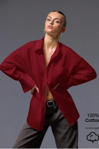 Tarz Cool Kadın Oversize Gömlek Uzun Kollu Basic Salaş Kesim Poplin Trend Şık Günlük Gömlek Bordo