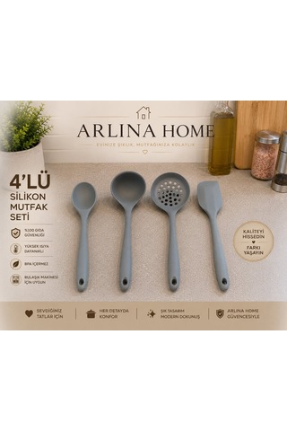Oskar Silikon Büyük Spatula Kaşık Kepçe Kevgir Seti 4 Lü Gri