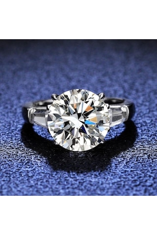 Bagueringen Lüks Büyük 5 Karat Mozanit Pırlanta Yüzük Gümüş 925 Takı Klasik Dört Pençe Tasarım Kadın Alyans Mavi - Yeşil 7.25