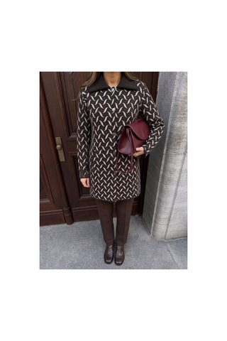 Onno Style Women Desenli Çelik Örgü Uzun Triko Kadın Kaban Kahverengi