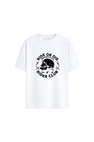 Black Nova Oversize Baskılı Unisex %100 Pamuk T-shirt Ride Or Die Beyaz