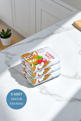 3lü Paket Baskılı Beyaz Mutfak Havlusu Modeli Good Day