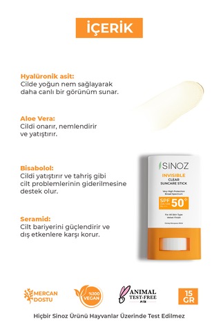 Sinoz Nemlendirici ve Yatıştırıcı Yüksek Korumalı Şeffaf Stick Güneş Kremi SPF50+ 15 G