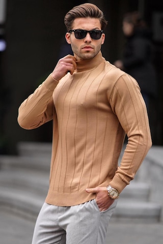 Madmext Bej Slim Fit Yarım Balıkçı Yaka Çizgili Tüylenmeyen Erkek Triko Kazak 6344 Bej
