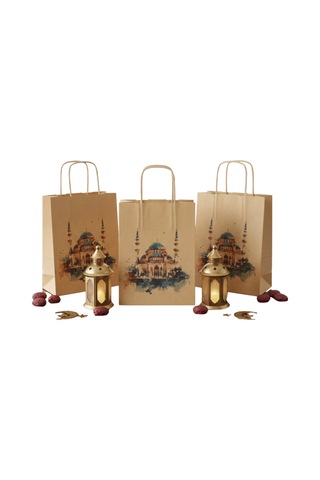 Ramazan Hediyelik Paketleme Çantası, 3lü Paket, Cami Tasarımlı Kraft Kağıt Çanta Seti, 8x18x23 Cm