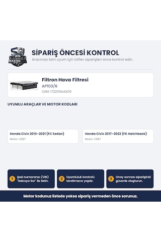 Filtron Ap103/6 Hava Filtresi - Honda Civic Rs 1.5 Vtec 182ps Turbo 16+ Fc