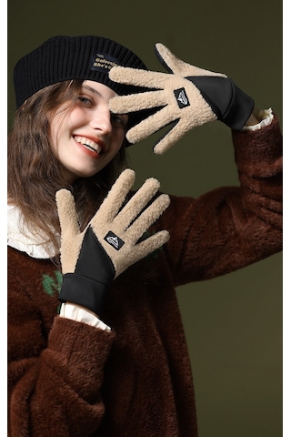 Snapbuy Unisex Kışlık, Parmak Açılır Dokunmatik, Kalın Peluş Eldiven Camel