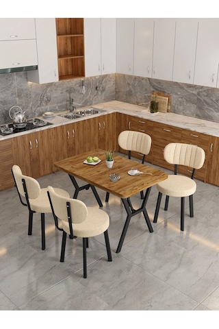 Azra 70x110cm Atlantik Mutfak Masası, Mutfak Masası Takımı, Yemek Masası, 4 Krem Sandalye Krem