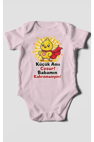Morivokids Küçük Ama Cesur Babamın Kahramanıyım Kısa Kollu Bebek Body %100 Pamuk Bebe Pembe