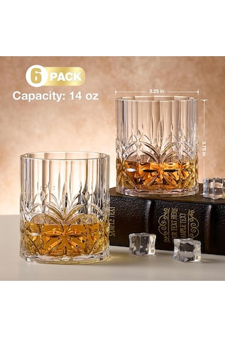 Hlukana Kırılmaz Tritan Plastik Viski Bardakları 6'li Set, 14 Oz Scotch Kokteyl Romu İçin Eski Moda Bardaklar Bourbo